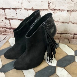 Plomo Black Suede & Leather Fringe High Heel Round Toe Booties Size 10 - Picture 1 of 8