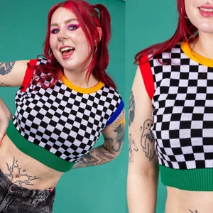 RUN AND FLY Black White Checkerboard Cropped Tank Top y2k Emo Sweater Vest Crop - Picture 1 of 15