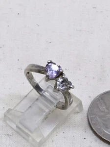 Sterling Silver SZ 4.75 Amethyst Crystal Bouble Heart Ring 2.5g (6-3) - Picture 1 of 2