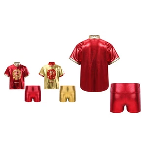 Kids Tai Chi Shiny Kung Fu Suit Art Tops With Shorts Clohes Set Performance - Picture 1 of 35