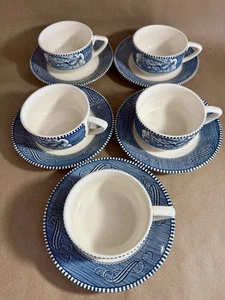 Set Of 5 Currier and Ives Vintage Blue Wagon Tea Cups & Saucers - Picture 1 of 4