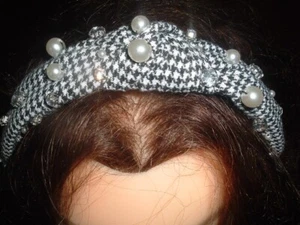 Claires Black White Wool Plaid w White Pearl and Rhinestone Headband New w Tag - Picture 1 of 2
