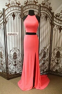 V650 SHERRI HILL 50784 SZ 2 CORAL $360 V FORMAL GOWN PROM ILLUSION PARTY DRESS - Picture 1 of 11