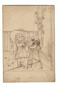 Tarjeta hecha a mano, niña y gatito, fechada 1881 - Imagen 1 de 1