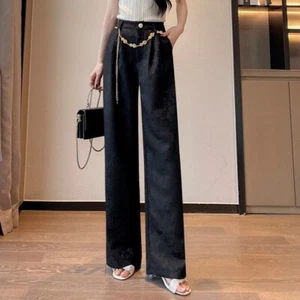 Lady Jacquard Office Wide-leg Pants Business Trousers Belt Chain Straight Casual - Picture 1 of 27