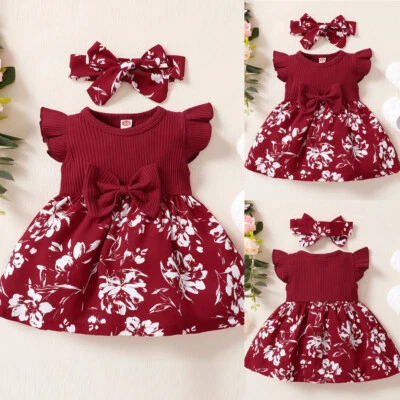 Newborn Baby Gilrs Floral Ribbed Outfit Romper Dress Headband Set Casual Clothes - Image 1 of 4