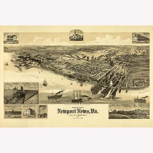 Mapa de mapa antiguo de Newport News Virginia; mapa pictórico o ojo de pájaro 1891 - Imagen 1 de 11