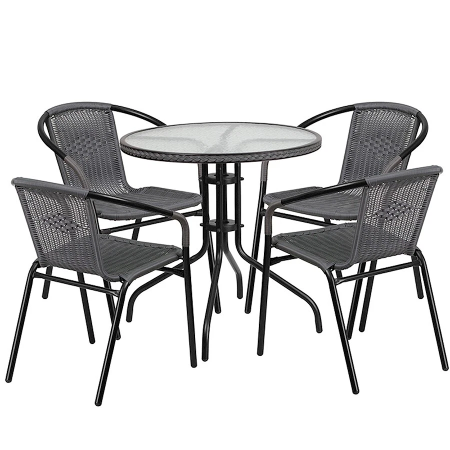 Flash 28'' RD Glass Table, 4 Gray Rattan Chairs - TLH-087RD-037GY4-GG - Image 1 of 1