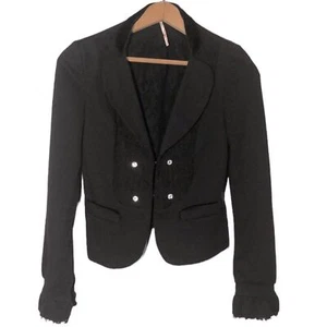 FREE PEOPLE Rare Black Lace & Velvet Trim Crop Steampunk Military Blazer size 2 - Picture 1 of 15