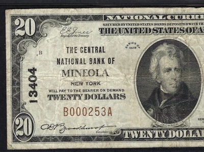 NY 1929 $20 ♚♚ MINEOLA, NEW YORK♚♚   PMG VF20  HARD TO FIND - Image 1 of 3