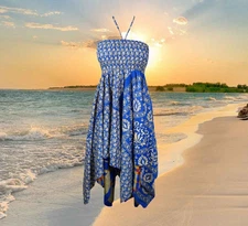 Womens Boho Summer Dress, Halter Dresses, handmade Printed Blue Recycled S/M