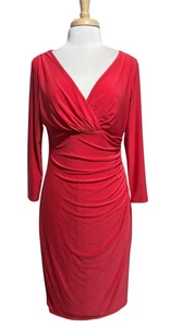 Ralph Lauren Womens 12 Midi Dress 3/4 Sleeve Side Ruching Red Holiday Party - Picture 1 of 7