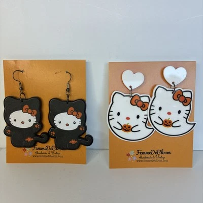 Pendientes Hello Kitty Grandes Acrílico Halloween NUEVO Juego de 2 Fantasma Gato Negro Foto 1 de 4