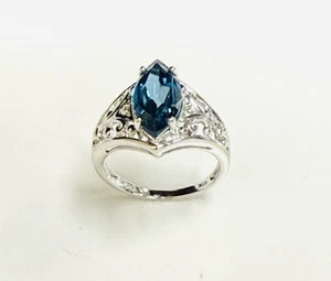 10k Solid White Gold Marquise London Blue Topas Woman’s Ring Size 7 - Picture 1 of 6