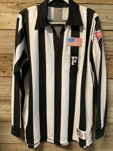 Honig's Whistle Stop LG Referee White Black Striped Longsleeve Shirt USA Patch - Picture 1 of 6