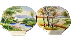 2 Porzellan Taschen handbemalt Landschaftsszene Berg Fluss Herbst Sommer - Bild 1 von 16