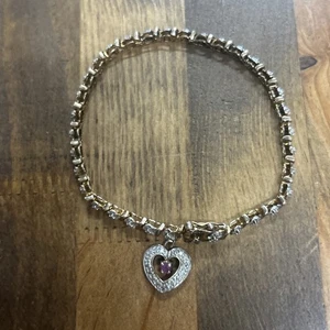7.5” Diamond Cut Gold Tone Silver 925 Bracelet Pink Stone Heart Charm 9.8G - Picture 1 of 7