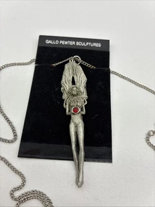 Gallo Pewter Fairy Necklace Vintage W Crystal Gem 3” Sculptures Wings - Bild 1 von 7