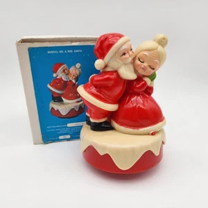 Vintage Musical Mr. & Mrs. Santa Christmas Figurine 6in Rotates Hong Kong ATA - Picture 1 of 16