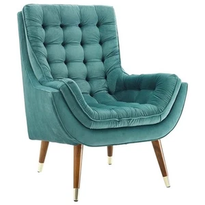 Modway Suggest Tufted Performance Velvet Lounge Chair in Teal - Picture 1 of 6