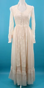 Vtg Women's 70s Cream Floral Mesh Lace Gunne Sax Maxi Dress S/M 1970s Wedding - Picture 1 of 23