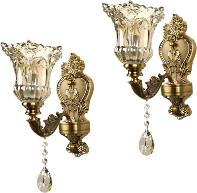 Glass Wall Sconce Set of 2, Antique Brass Wall Light, Crystal Floral Bedside Wal - Image 1 of 4