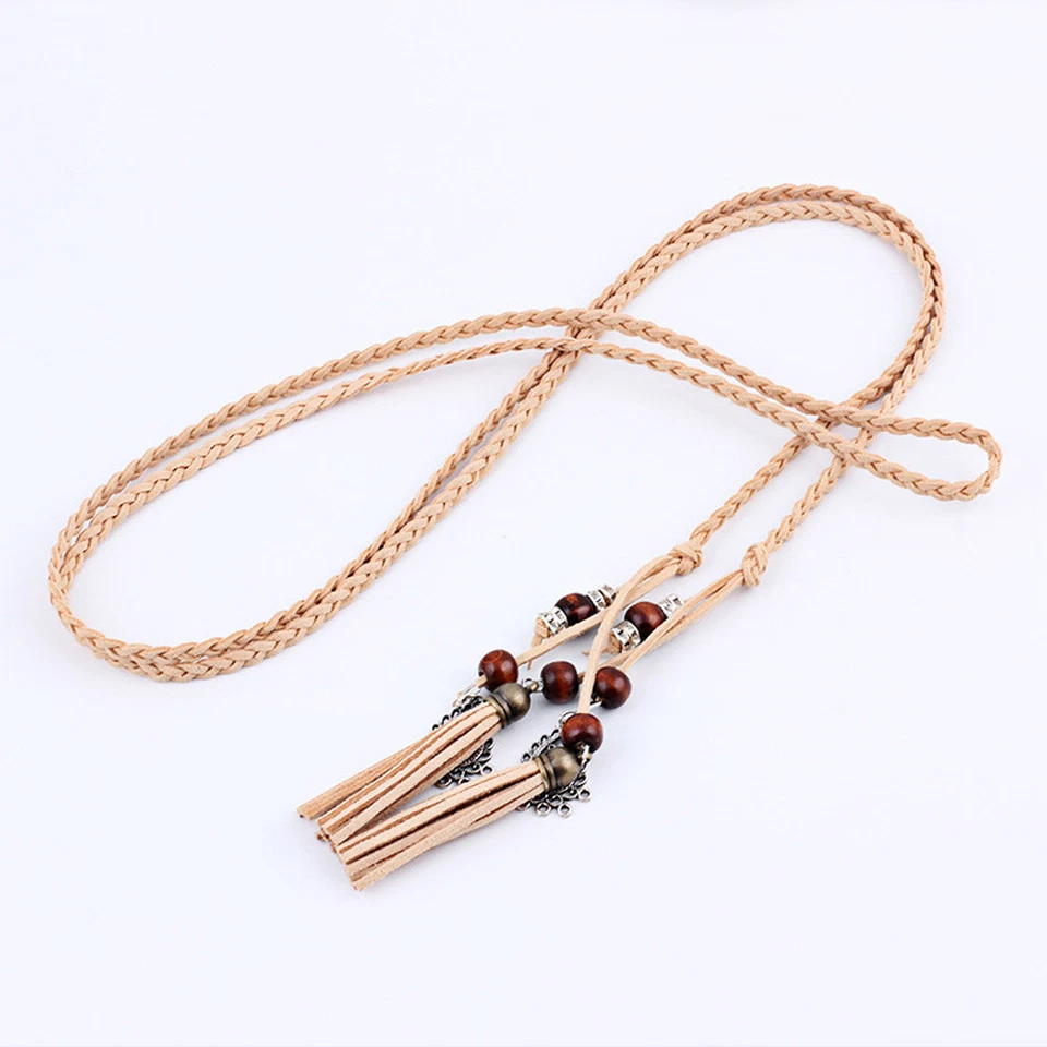 Mujeres Imitación Cuero Trenzado Cinturón Ajustado Dama Cuentas de Madera Borlas Cintura Delgada Foto 1 de 4