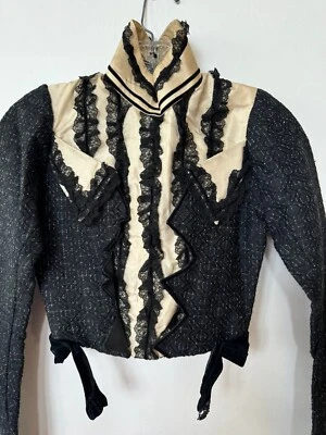 Victorian 1800s Edwardian Brocade Boned Jacket Lace Black Cream Velvet Antique - Image 1 of 4
