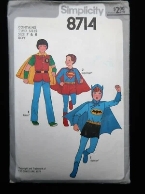 Simplicity 8714 Childs Superman, Batman, Robin Costumes 1978 Child sz 7-8 Cut  - Image 1 of 2