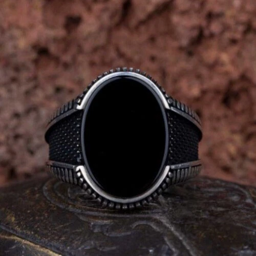 925 Argento Sterling Fatto a Mano Uomo Ossidato Anello Naturale Onice Nera Gemma - Immagine 1 di 4