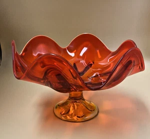 VIKING Glass Persimmon 6 Petal Amberina Pedestal Compote Candy Dish Footed VTG - Picture 1 of 5