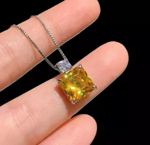 14k White Gold Plated 10mm Created Citrine Princess Cut Pendant 18" Chain - Picture 1 of 5
