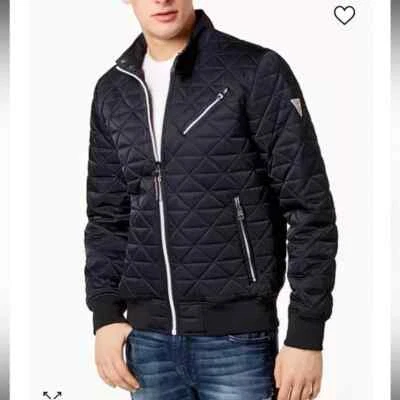 Guess Chaqueta Bomber Acolchada Hombres GRANDE Bolsillos con Cremallera Completa Sólida Negra Blanca Cremalleras Foto 1 de 4