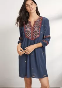 Vestido Johnny Was Bordado Estampado Eztia Paris XL Azul Marino Elastizado BOHO - Imagen 1 de 8