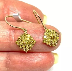 New 9CT Gold 1CT Imperial Yellow Diamonds Cluster Dangle Earrings - Picture 1 of 12