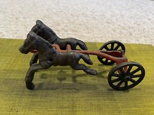 Small Antique Cast Iron Toy. 2 Carriage Horses & Wagon Front.