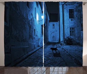 Urban Curtains Black Cat Deserted Street Window Drapes 2 Panel Set 108x84 Inches - Picture 1 of 2