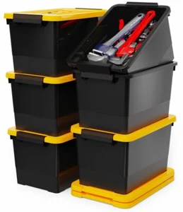 17 Quart Stackable Plastic Storage Bins with Yellow Lids, 6 Pack Black Contai... - Picture 1 of 7