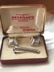 Vintage Demi Brushed & Shiny Silvertone Trapezoid Cuff Links & Matching Tie Clip - Picture 1 of 5