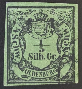 OLDENBURG GERMANY 1852-1859 Used 1/3 Sgr Black on Green Michel #1 CV €1300 - Picture 1 of 2