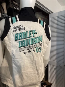Harley Davidson weiße Baumwollweste Reißverschluss vorne ärmellos XL Nieten Adler Flagge - Bild 1 von 14