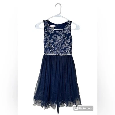 Bonnie Jean Girls Beautiful Floral Sparkly Dress Size 10 Navy & Ivory - Image 1 of 4