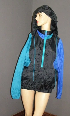 Cortavientos vintage años 80 azul y verde bloque de color con capucha M L SASSON media cremallera Foto 1 de 4