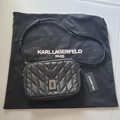 Karl Lagerfeld Crossbody Bag Quilted Black Leather Camera Shoulder Purse - Image 1 of 4