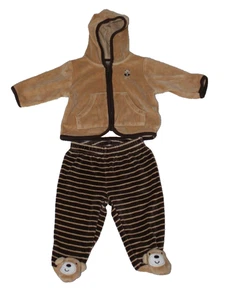 Carter's Beige Brown Hoodie Jacket Pants Set Teddy Bear Feet Zip Pockets 3M - Picture 1 of 7