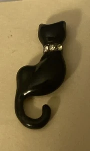 Black Enamel Cat Pin Brooch  W/ Rhinestone Collar 1.5” Meow -Halloween Fall - Picture 1 of 6