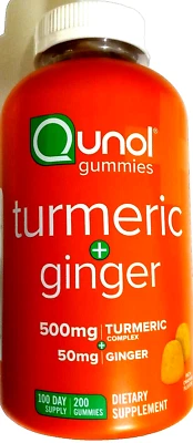 Cúrcuma Qunol (500 mg) + jengibre (50 mg) 200 gomitas sabor naranja EXP 04/2027 Foto 1 de 4