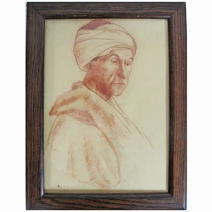 Sienna braune Kohlezeichnung eines Turbaned-Mannes, pastellgelbes Papier, unsigniert - Bild 1 von 3