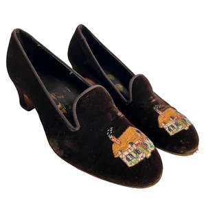 Vtg John Lobb high heels Size 7.5 8 brown velvet embroidered cottage pump Loafer - Picture 1 of 11