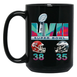 Super Bowl 57 2023 LVII KC Chiefs Eagles Final Score Black 15oz Coffee Mug Cup